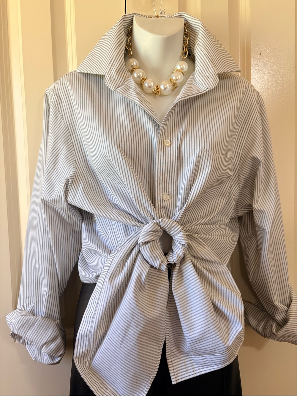 Boyfriend Shirt, Men’s shirt styled for women, blue & white strip, size M/L